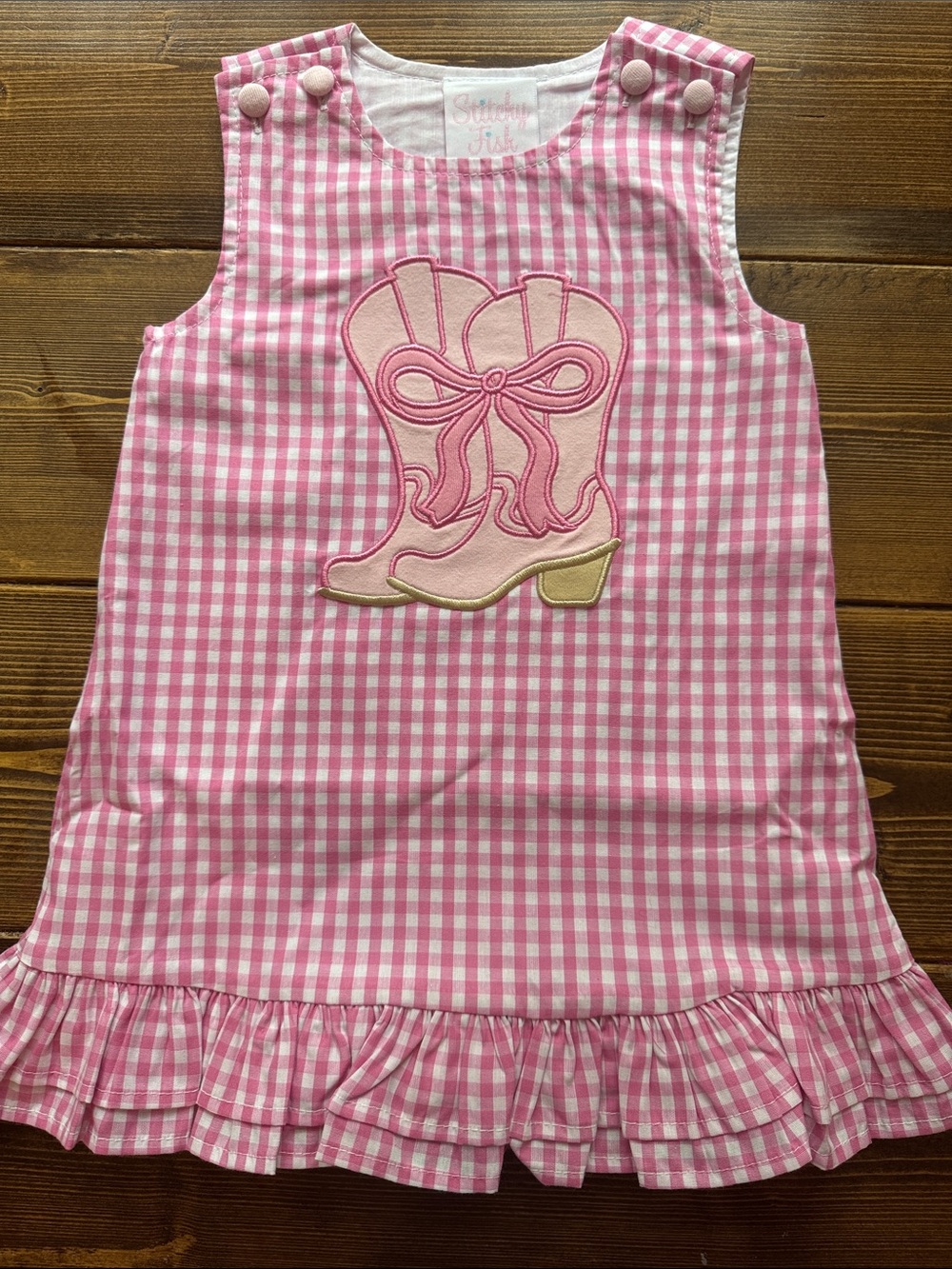 Stitchy Fish 18m Pink Gingham dress Dress with Boot Applique